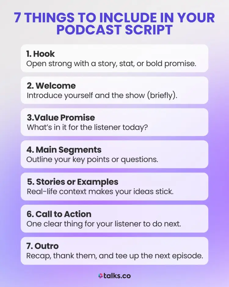 Checklist of 7 key elements for creating the perfect podcast script, from hook to outro.