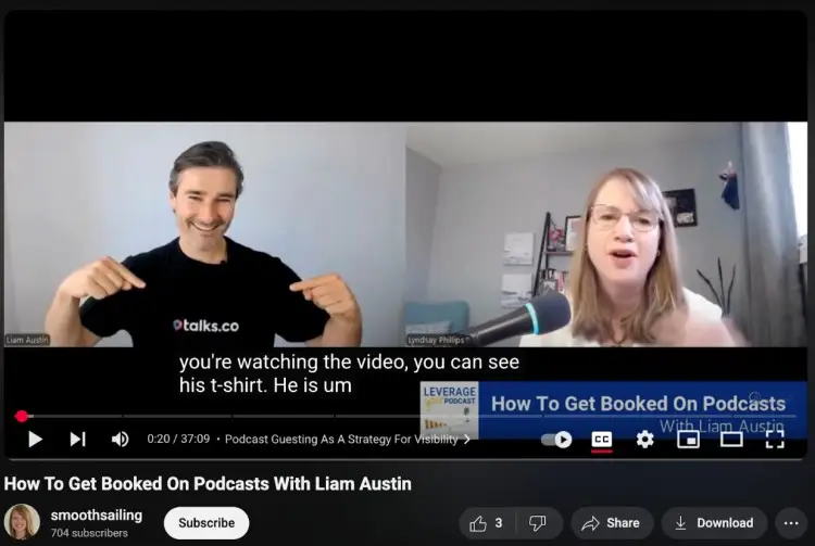 Screenshot from a podcast episode featuring Liam Austin discussing how to get booked on podcasts.