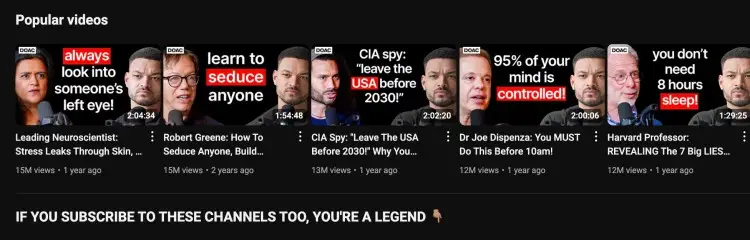 Podcast episode thumbnails on YouTube featuring popular interviews with experts like Dr. Joe Dispenza and Robert Greene