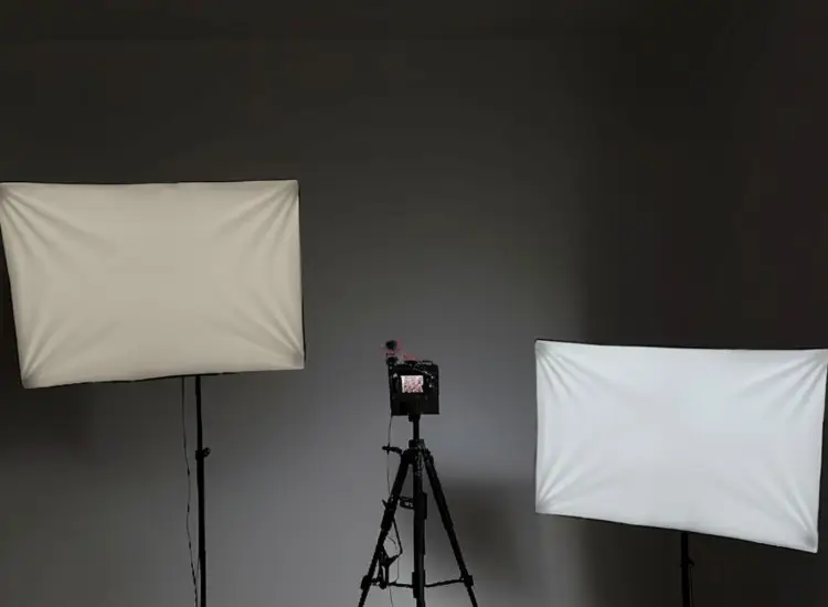 Professional podcast equipment setup including softbox lights and a DSLR camera on a tripod in a dark room