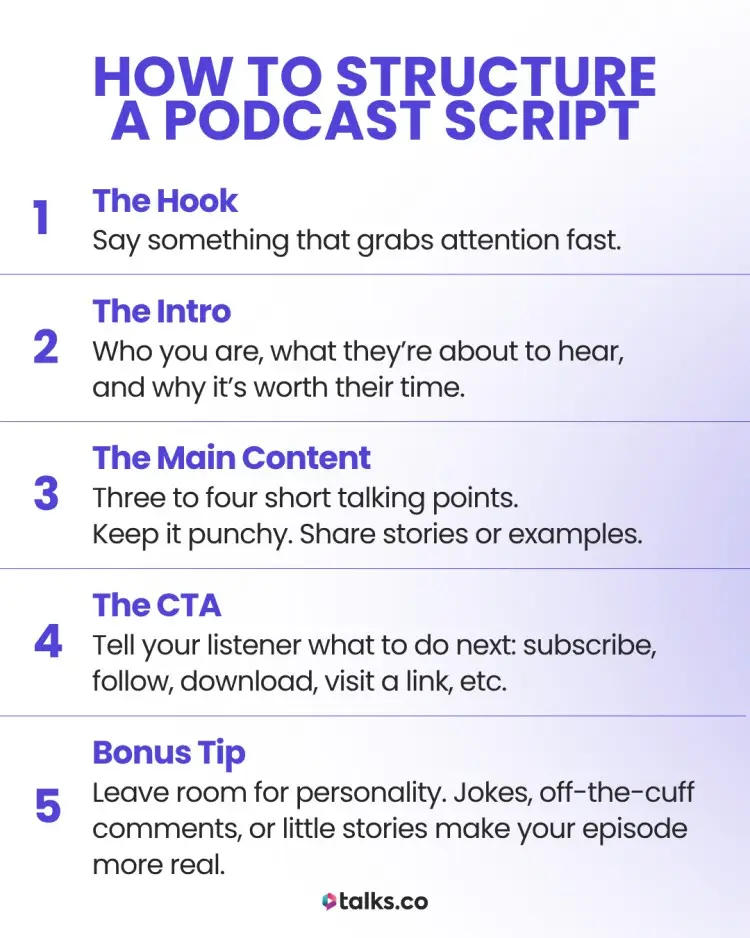 Infographic showing how to use a podcast script as a guide with five clear steps.