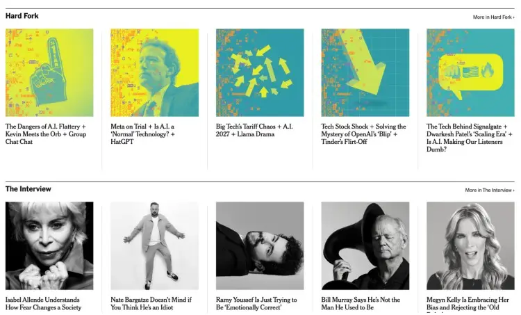 Selection of podcasts that are produced by The New York Times, including Hard Fork and The Interview