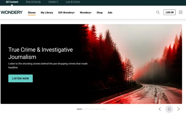 Wondery homepage highlighting podcasts within the true crime and investigative journalism genre
