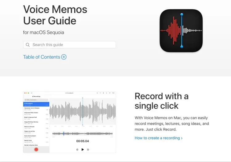Voice Memos user guide showing how to record using the macOS Voice Memos app with a single click