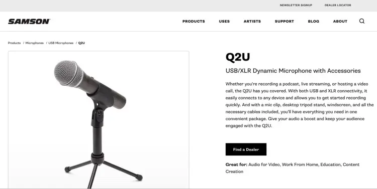 Samson Q2U microphone with tripod stand and accessories for podcasting and content creation