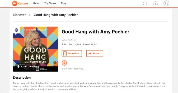 Spotify podcast 'Good Hang with Amy Poehler' featured on Castbox with subscribe and share options