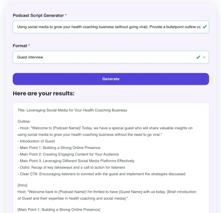 Screenshot of a generated script outline for an interview podcast episode using the Talks script generator.