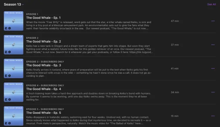 Screenshot showing a list of podcast episodes from The Good Whale series, part of popular storytelling podcasts.