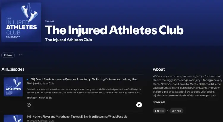 The Injured Athletes Club podcast page featuring mental skills coach Carrie Jackson and journalist Cindy Kuzma who explore sports injuries and recovery.