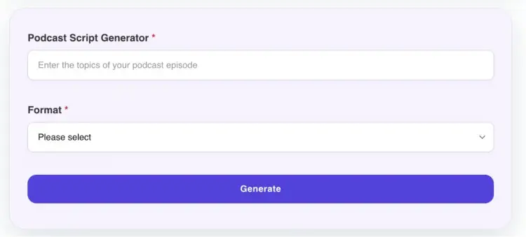Screenshot of the Talks podcast script generator interface designed to help users create structured podcasts.