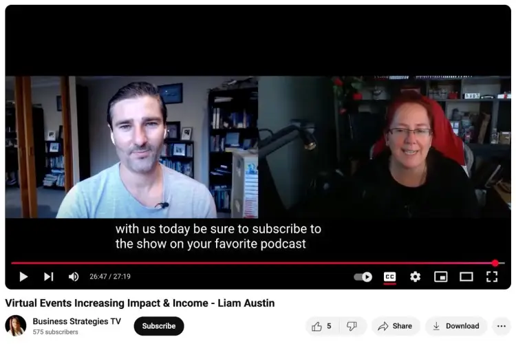 Screenshot of a video podcast interview on Business Strategies TV featuring Liam Austin and the host discussing virtual events.