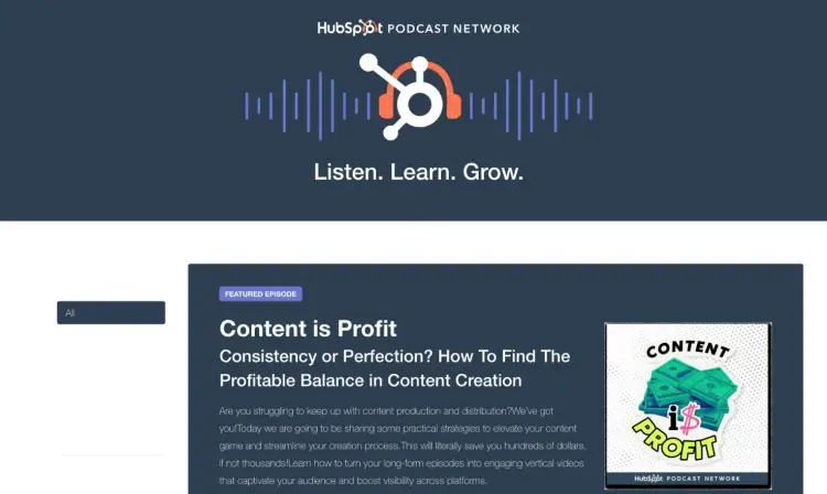 HubSpot Podcast Network homepage showing what a podcast network can provide for business and growth-focused creators