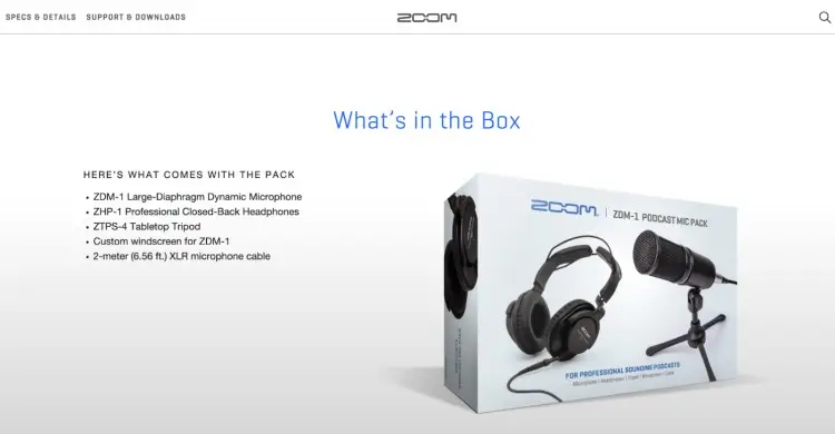Zoom ZDM-1 podcast kit should include microphone, headphones, tripod, windscreen, and XLR cable shown in the product box