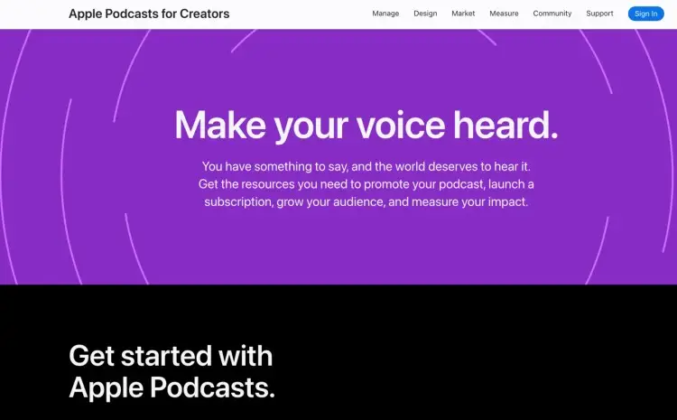 Apple Podcasts homepage for creators featuring a bold purple header with the message "Make your voice heard" and details on launching and growing a podcast using Apple Podcasts.