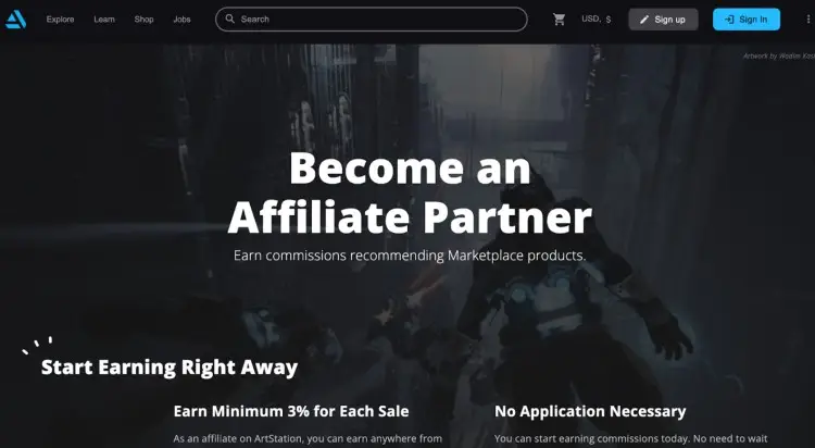 ArtStation affiliate partner page promoting how creators can sell digital assets and earn commissions.