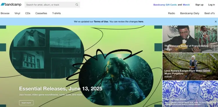 Bandcamp homepage showing how creators sell music, vinyl, and merchandise directly to fans with features like essential releases and artist spotlights.
