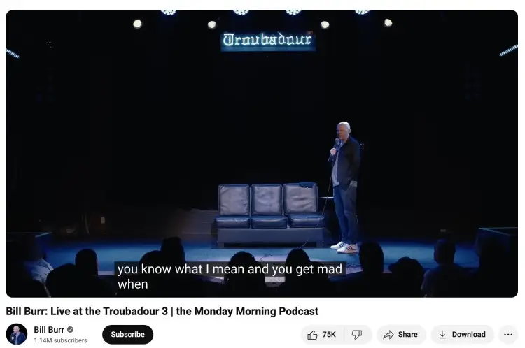 Bill Burr performs live on stage at the Troubadour as part of the Monday Morning Podcast—an example of a podcast delivered through comedy and live storytelling.