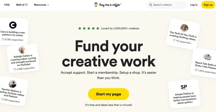 Buy Me a Coffee homepage showing how creators can fund their work through memberships and supporter tips.