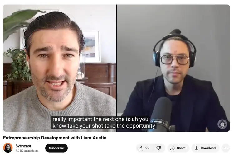 Conversational podcast episode featuring Liam Austin and the host of Svencast discussing entrepreneurship development.