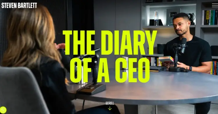 Steven Bartlett hosts The Diary of a CEO podcast, using a structured interview format that showcases origin stories as podcast segment best practices.