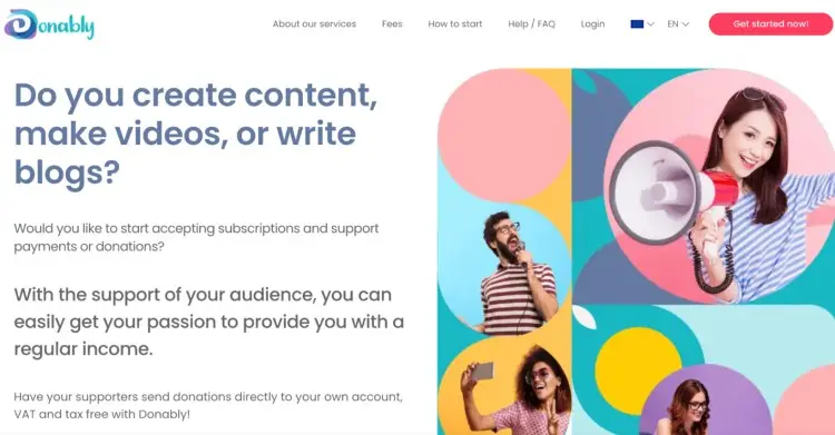 Donably homepage showing how fans can support creators through subscriptions or donations, offering VAT-free and direct payment options.