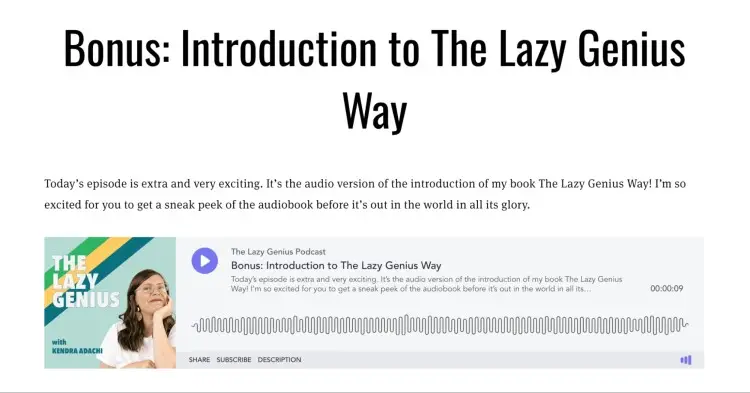 Episode title screen showing "Bonus: Introduction to The Lazy Genius Way" from The Lazy Genius Podcast featuring author Kendra Adachi.