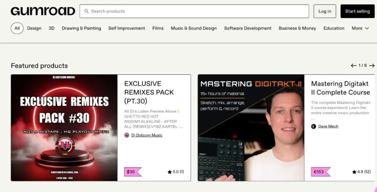Gumroad homepage featuring digital products, showing how creators and entrepreneurs use the platform to sell courses, music, and more.