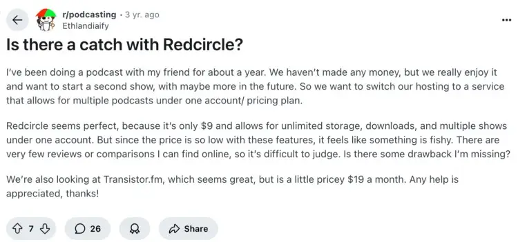 Reddit user asks if RedCircle is a trustworthy company for podcast hosting and monetization features.