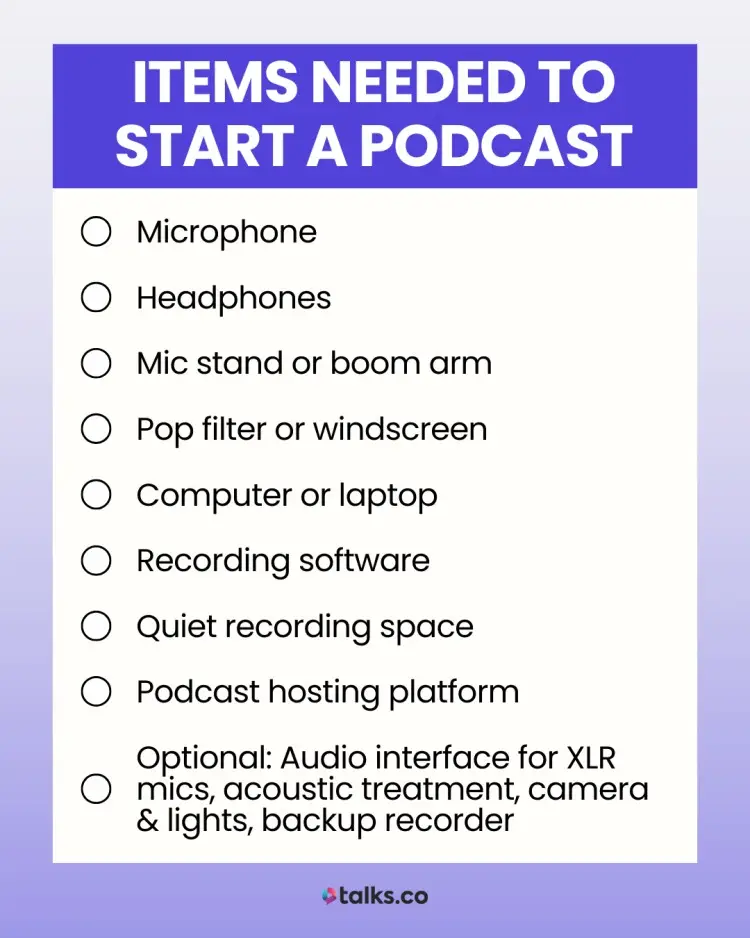 Checklist graphic showing essential equipment and tools needed to create a podcast, including mic, software, and hosting.