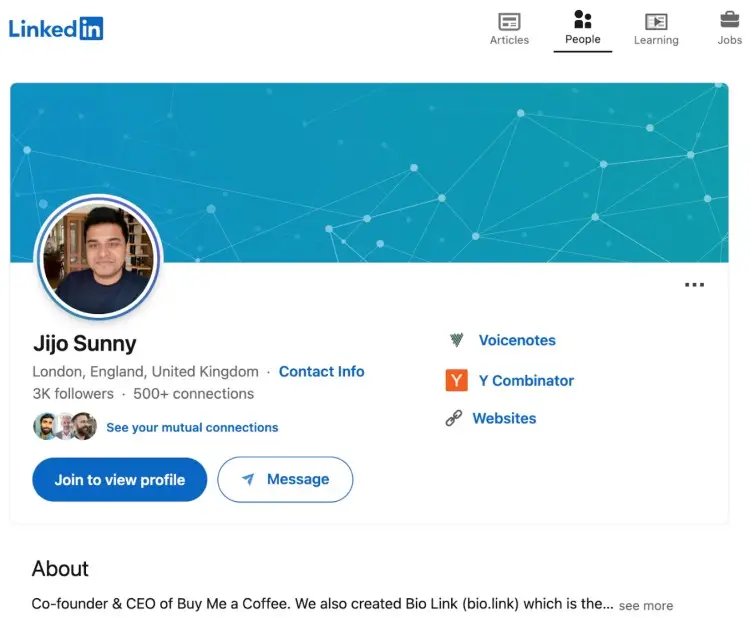 LinkedIn profile of Jijo Sunny, CEO and co-founder of Buy Me a Coffee.