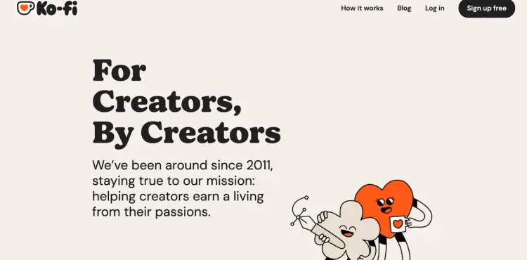 Ko-fi homepage highlighting their mission to help creators earn a living from their creations since 2011.