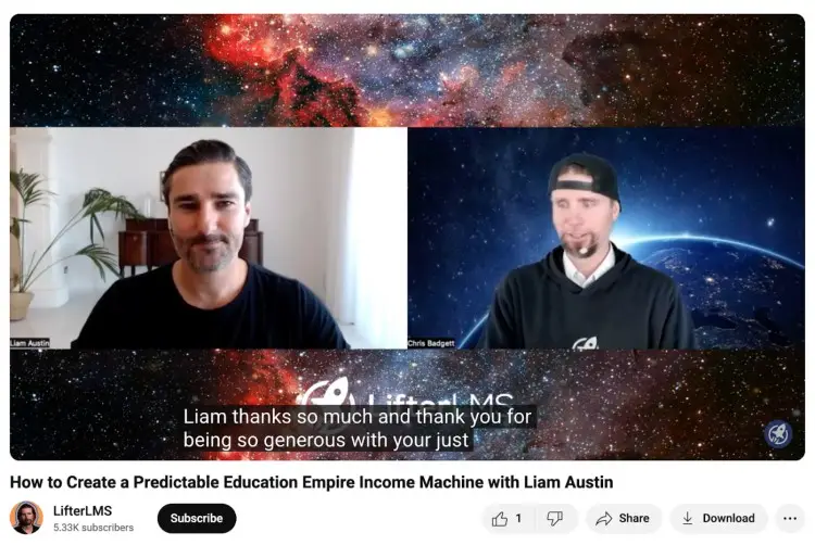 Screenshot of a podcast outro short from LifterLMS featuring Liam Austin and Chris Badgett wrapping up their interview.