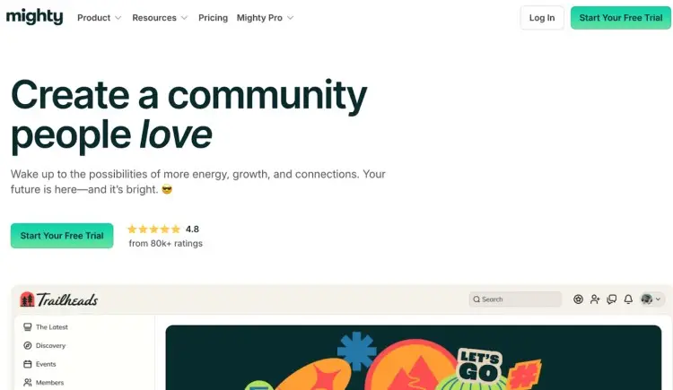Mighty Networks homepage showcasing tools for creators to build vibrant online communities with courses, memberships, and events.