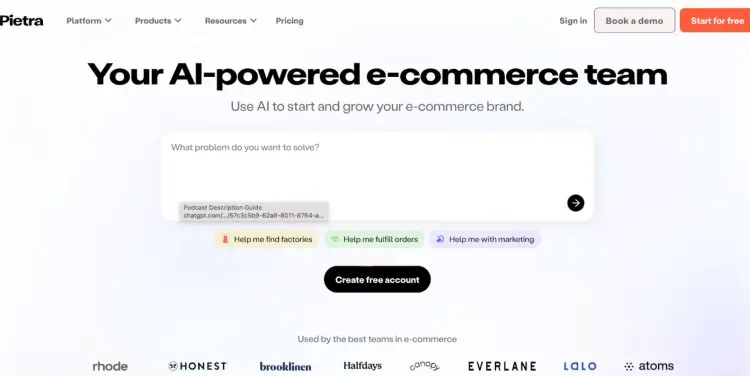 Pietra homepage showing an AI-powered e-commerce dashboard built as an alternative to Patreon for creators selling physical products.