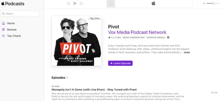 Pivot podcast on Apple Podcasts featuring Kara Swisher and Scott Galloway, sharing the latest news and insights in tech, business, and politics.