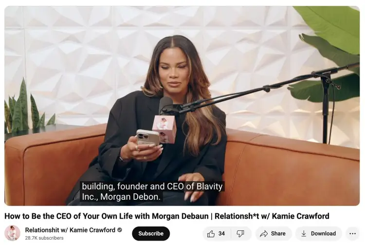Podcast intro script moment from Relationship*t with Kamie Crawford featuring Morgan DeBaun, founder and CEO of Blavity Inc.