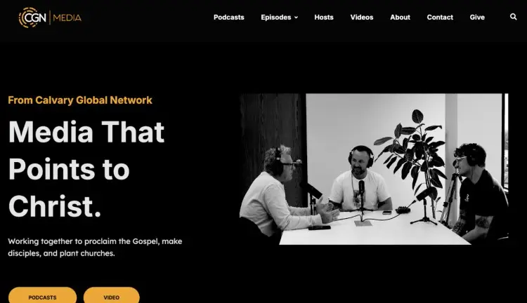 Podcast network that specializes in Christian content featuring three men recording a faith-based show.