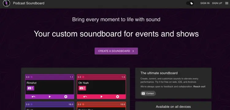 Screenshot of Podcast Soundboard homepage showcasing how you can add effects to your episode using a customizable soundboard.