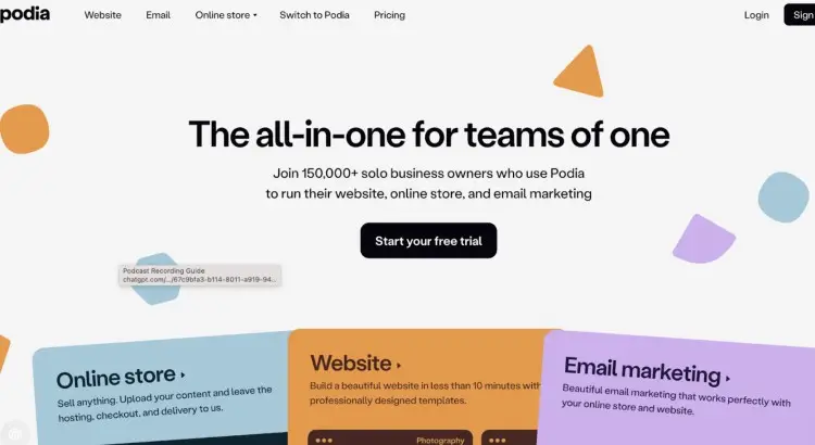 Podia homepage promoting itself as a great alternative for creators who want an all-in-one platform for website, store, and email.