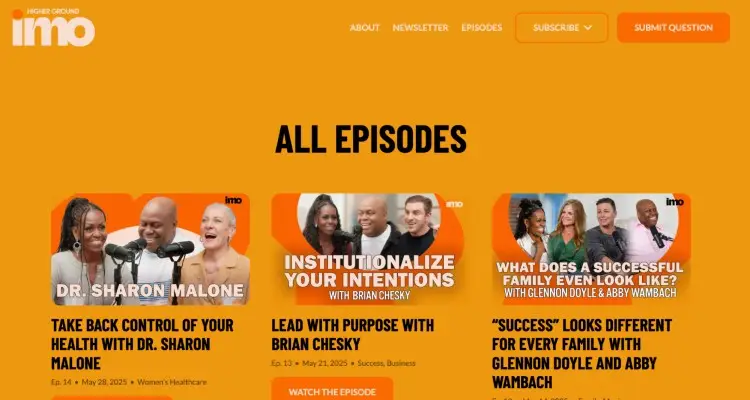 Popular podcast episode lineup from IMO by Higher Ground, featuring Dr. Sharon Malone, Brian Chesky, Glennon Doyle, and Abby Wambach.