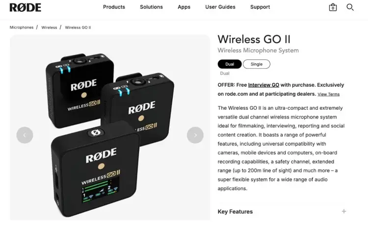 RODE Wireless GO II audio equipment featuring dual wireless microphones and compact receiver for video and podcast use.