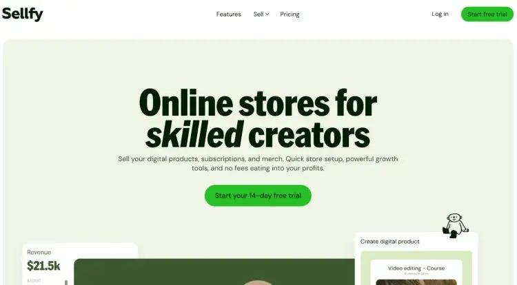 Sellfy homepage promoting its online store builder as a powerful alternative to Patreon for creators selling digital products and merch.