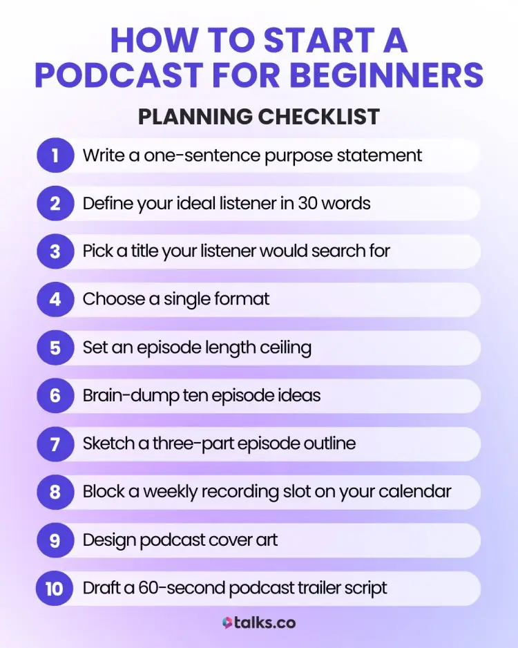 Step-by-step guide on how to start a podcast for beginners from Talks.co, featuring a planning checklist covering purpose, title, format, trailer, and more.