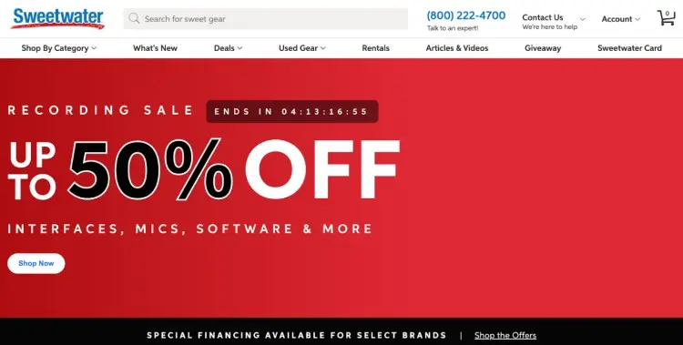 Screenshot of Sweetwater's homepage promoting a recording sale with up to 50% off interfaces, mics, software, and more—ideal for adding sound effects to a podcast.