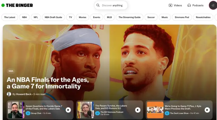 The Ringer homepage highlighting successful podcasts covering sports, NBA commentary, and pop culture discussions.