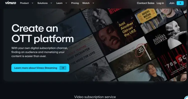 Vimeo OTT platform homepage for creators looking to monetize content through branded video subscription services.