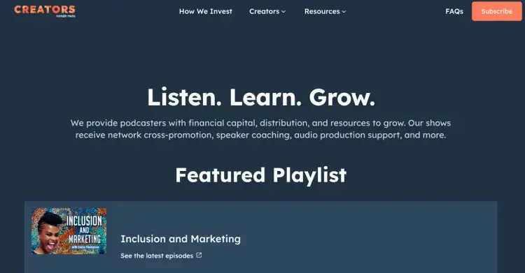 Homepage of a well-known podcast network featuring the Inclusion and Marketing show.