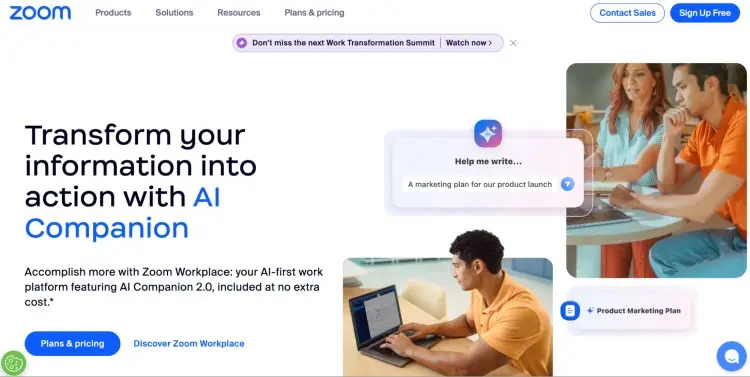 Zoom homepage showcasing AI Companion tools that help users record your podcast, write content, and organize work tasks.