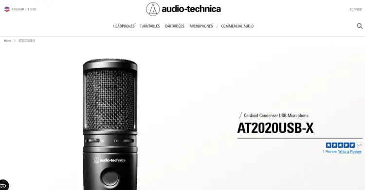 Audio-Technica AT2020USB-X microphone displayed on product page with minimal white background.
