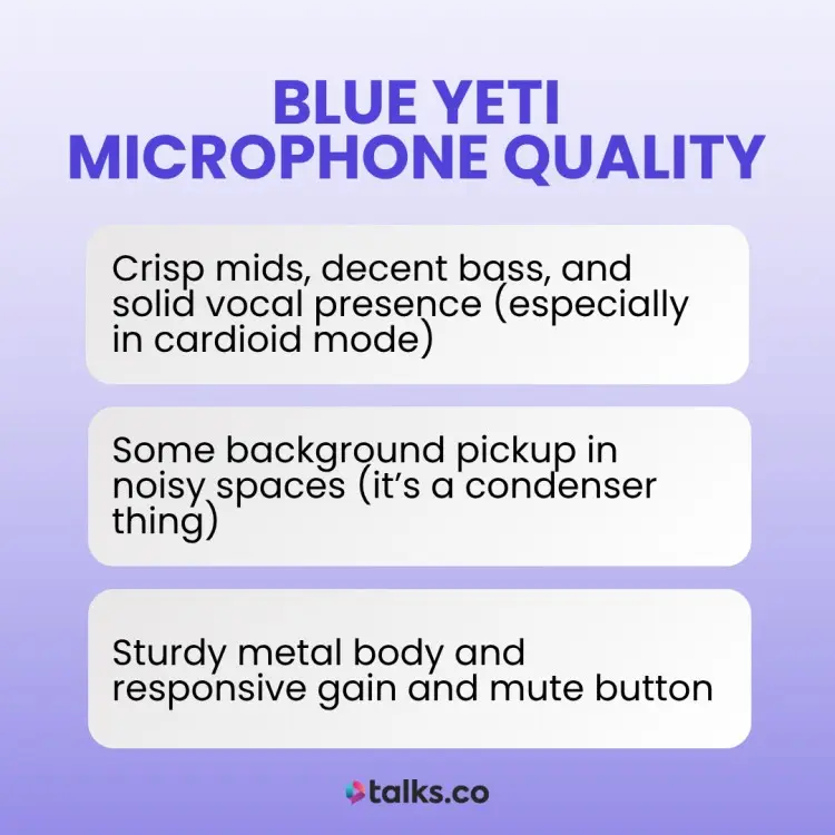 Blue Yeti microphone sound quality review: crisp mids, decent bass, solid vocal presence, some background pickup in noisy spaces, and a sturdy metal body.